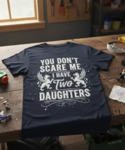 T-shirt with "You Don't Scare Me I Have Two Daughters" text and mythical creature graphics