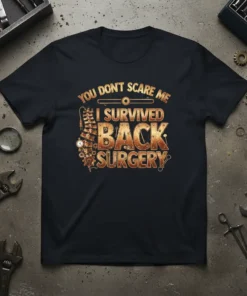 YOU DON'T SCARE ME I SURVIVED BACK SURGERY quote in steampunk font on a black t-shirt