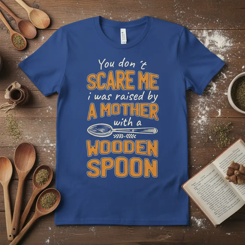 You don't SCARE ME i was raised by A MOTHER with a WOODEN SPOON quote t-shirt design with spoon graphic