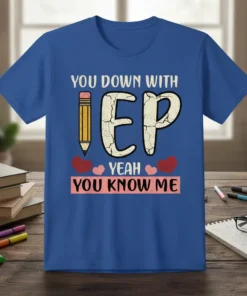 Blue t-shirt with "You Down With IEP Yeah You Know Me" text, featuring a pencil graphic and hearts
