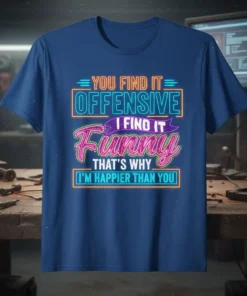Full quote "You Find It Offensive I Find It Funny That's Why I'm Happier Than You" in vibrant neon-style typography