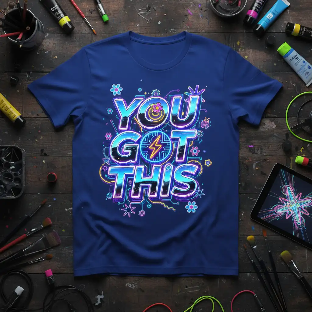 You Got This bold neon text design with lightning bolt graphic and decorative elements on a blue t-shirt