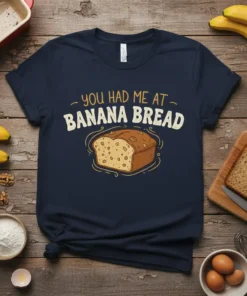 Navy blue t-shirt with text "you had me at BANANA BREAD" and a cartoon illustration of a loaf of banana