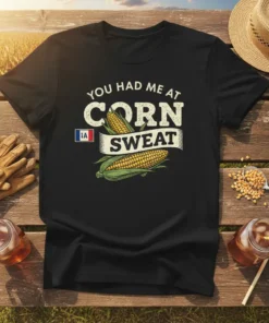 Black t-shirt with "You Had Me At Corn Sweat" text and corn graphics, featuring Iowa flag detail
