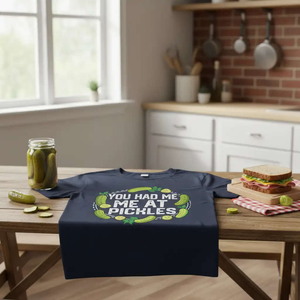You Had Me At Pickles text design with green pickle graphics on a t-shirt