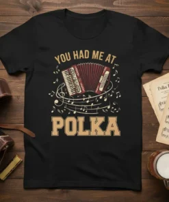 You Had Me At Polka t-shirt with vintage accordion graphic and musical notes, black background