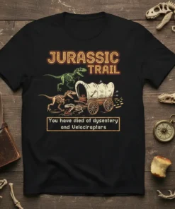 T-shirt with "Jurassic Trail" and "You have died of dysentery and Velociraptors" text, featuring cartoon dinosaurs and a covered wagon