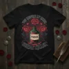Black t-shirt with "You Inspire My Inner Serial Killer" text, a vintage poison bottle labeled "POISON", and red roses