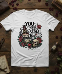 YOU INSPIRE MY INNER SERIAL KILLER text with skeleton holding poison bottle and gun, surrounded by roses and skulls on