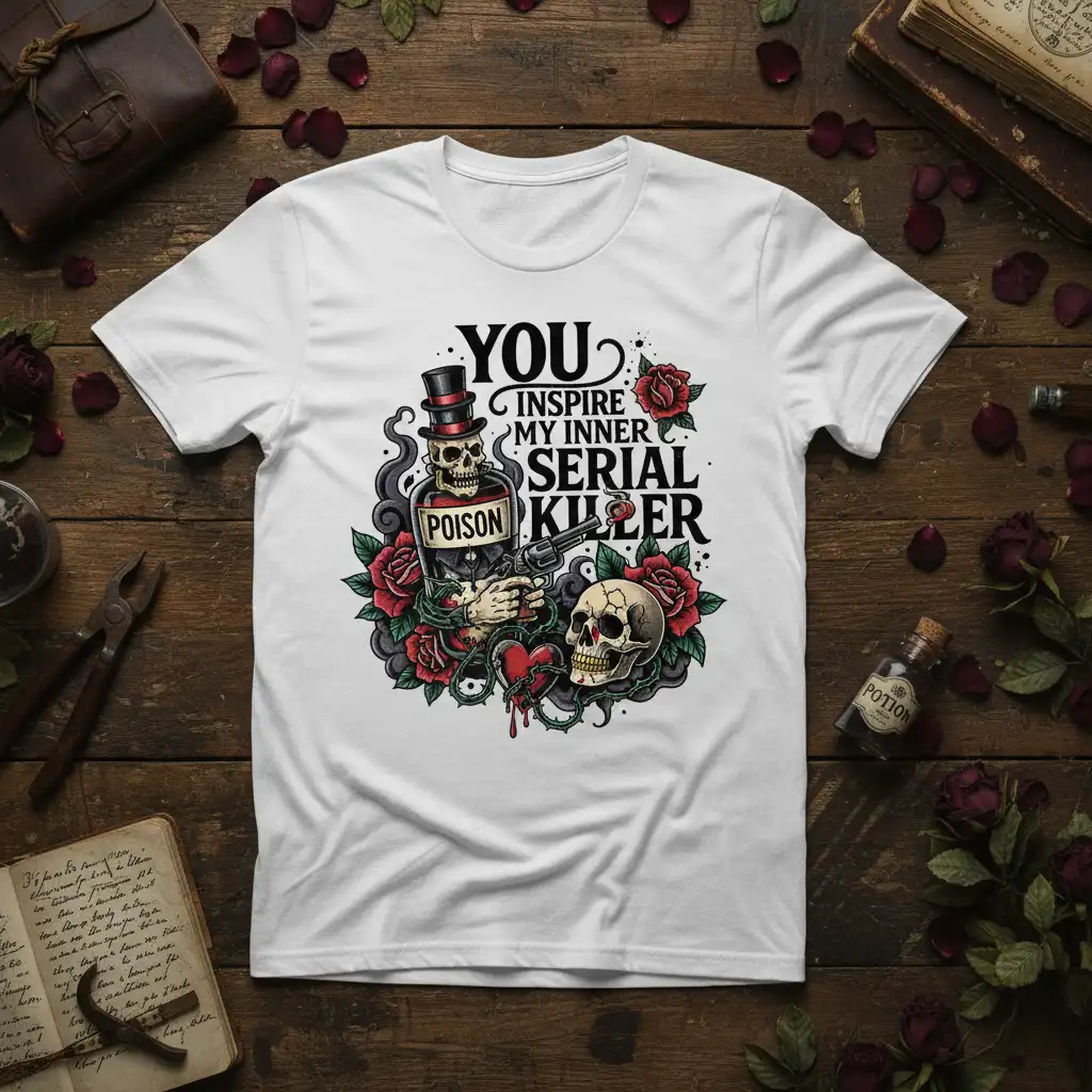 YOU INSPIRE MY INNER SERIAL KILLER quote on a white t-shirt with a skeleton holding a poison bottle and gun, surrounded by