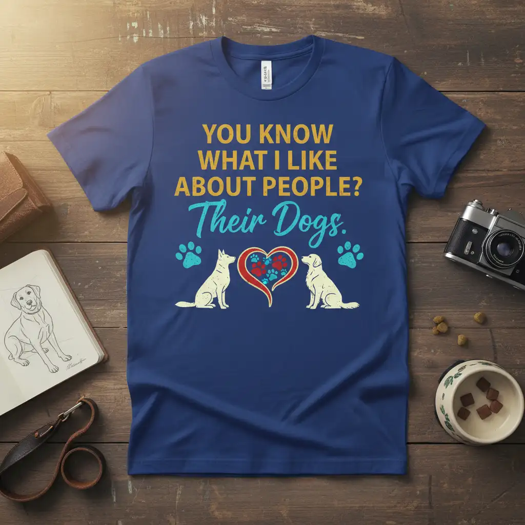 YOU KNOW WHAT I LIKE ABOUT PEOPLE? Their Dogs. quote on t-shirt with dog and paw print heart graphic