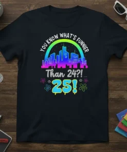 Birthday t-shirt with text "YOU KNOW WHAT'S FUNNIER Than 24?! ... 25!" and a colorful city skyline graphic