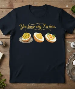 Deviled egg t-shirt with the quote "You know why I'm here." and three different styles of deviled eggs