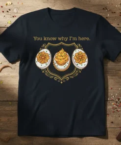 T-shirt with the text "You know why I'm here." above a crest featuring three deviled eggs, two decorated like flowers