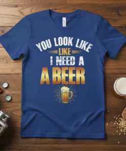 T-shirt with white text "YOU LOOK LIKE I NEED A BEER" and a graphic of a beer mug