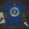 Blue t-shirt with a colorful circular flowchart design asking "YOU MAY ASK YOURSELF" and various life questions