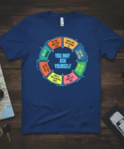 Blue t-shirt with a colorful circular flowchart design asking "YOU MAY ASK YOURSELF" and various life questions
