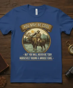 You May Be Cool But You Will Never Be Teddy Roosevelt Riding A Moose Cool text on a vintage-style t-shirt