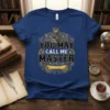 Blue t-shirt with "YOU MAY CALL ME MASTER" text, an owl, and books design