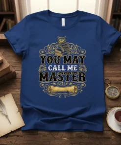 Blue t-shirt with "YOU MAY CALL ME MASTER" text, an owl, and books design
