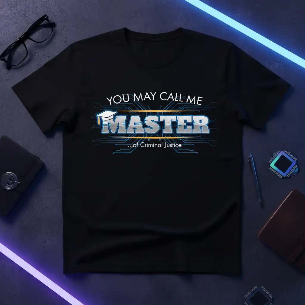 You May Call Me Master of Criminal Justice t-shirt design with graduation cap and digital circuit graphic