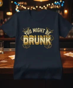 Navy blue t-shirt with gold text that reads "YOU MIGHT BE DRUNK" with martini glasses and beer mugs graphics