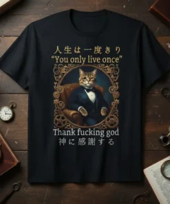Steampunk cat in a suit wearing a monocle, with Japanese and English text: "You only live once Thank fucking god"