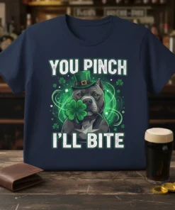 You Pinch I'll Bite Pitbull dog wearing a St. Patrick's Day hat and holding a shamrock