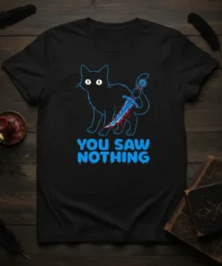 Black cat holding a bloody dagger with blue text "You Saw Nothing" on a t-shirt