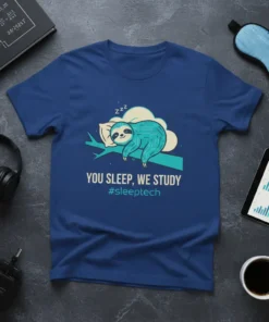 Blue t-shirt with "You Sleep, We Study #sleeptech" text and a sleeping sloth graphic on a branch