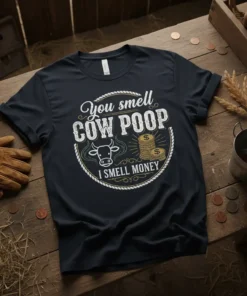 Humorous "You smell COW POOP I SMELL MONEY" text design with cow and money graphics on a dark t-shirt