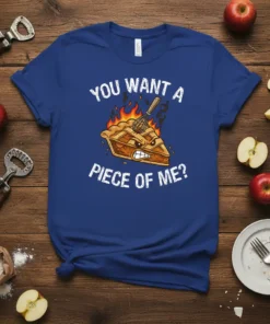 Funny "You Want A Piece Of Me?" pie t-shirt design with flames and whisk graphic