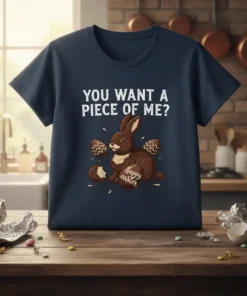 "You Want A Piece Of Me? Happy Easter" text with a chocolate bunny and eggs graphic on a navy t-shirt