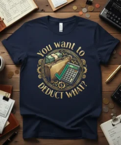 Funny "You Want To Deduct What?" accountant tax humor t-shirt design with briefcase, money, and calculator graphics