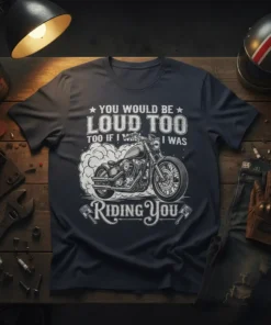 Motorcycle t-shirt with the text "You Would Be Loud Too Too If I Was Riding You" and a vintage motorcycle