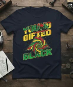 Young Gifted Black t-shirt design featuring bold yellow and green text with a colorful swirling graphic