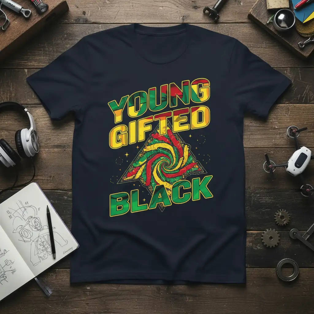 Young Gifted Black text and graphic design on a navy blue t-shirt, celebrating African American heritage