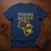 Young Queen Africa map design with colorful continents and golden crowns, printed on a navy blue t-shirt