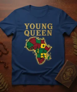 Young Queen Africa map design with colorful continents and golden crowns, printed on a navy blue t-shirt