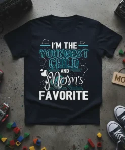 T-shirt with text "I'm the Youngest Child and Mom's Favorite" in blue and white typography, featuring constellations and circuit board