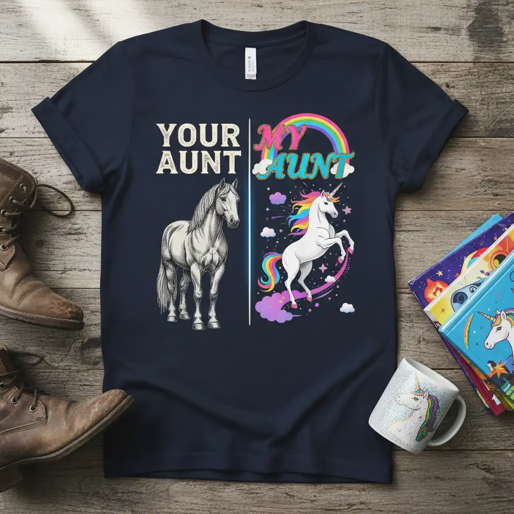 Your Aunt My Aunt Horse Unicorn creative illustration printed on comfortable cotton fabric creating a standout t-shirt