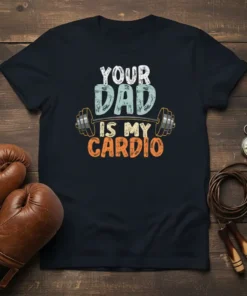 Your Dad Is My Cardio t-shirt with barbell graphic, white and orange text, for fitness dads