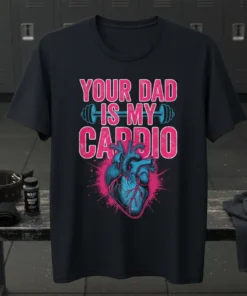 Black t-shirt with "YOUR DAD IS MY CARDIO" text, dumbbells, and anatomical heart graphic for gym humor