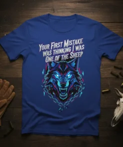 Your First Mistake Was Thinking I Was One Of The Sheep quote with a fierce wolf graphic on a blue