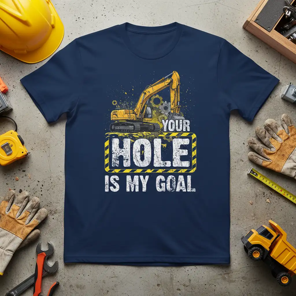 Your Hole Is My Goal quote with excavator graphic on navy t-shirt design