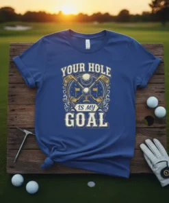 Your Hole Is My Goal golf quote t-shirt with crossed golf clubs and golf balls graphic
