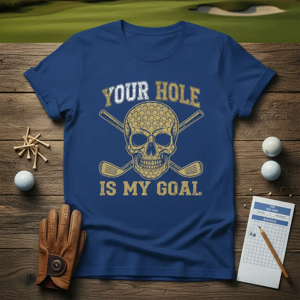 Your Hole Is My Goal humorous golf quote t-shirt with skull and crossed clubs graphic