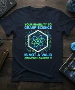 T-shirt with the quote "Your Inability To Grasp Science Is Not A Valid Argument Against It" and an atom graphic