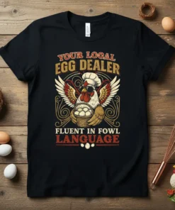 T-shirt with "Your Local Egg Dealer Fluent In Fowl Language" and a cartoon chicken chef holding eggs
