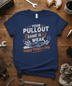Navy blue t-shirt with white and orange text reading "Your Pullout Game Is Weak" and "Happy Father's Day" featuring a